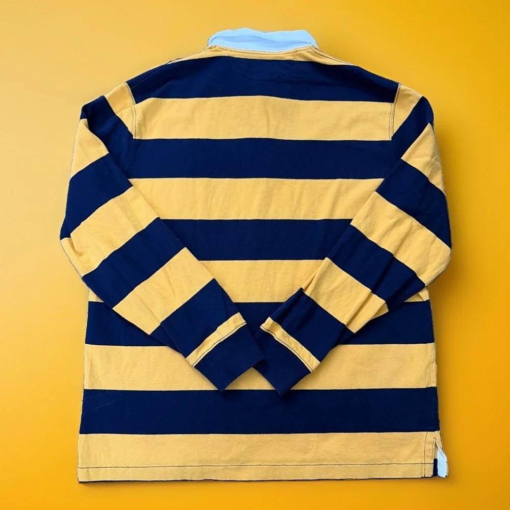 Polo Ralph Lauren XL Striped Rugby Polo Shirt Navy Yellow Long Sleeve Cotton